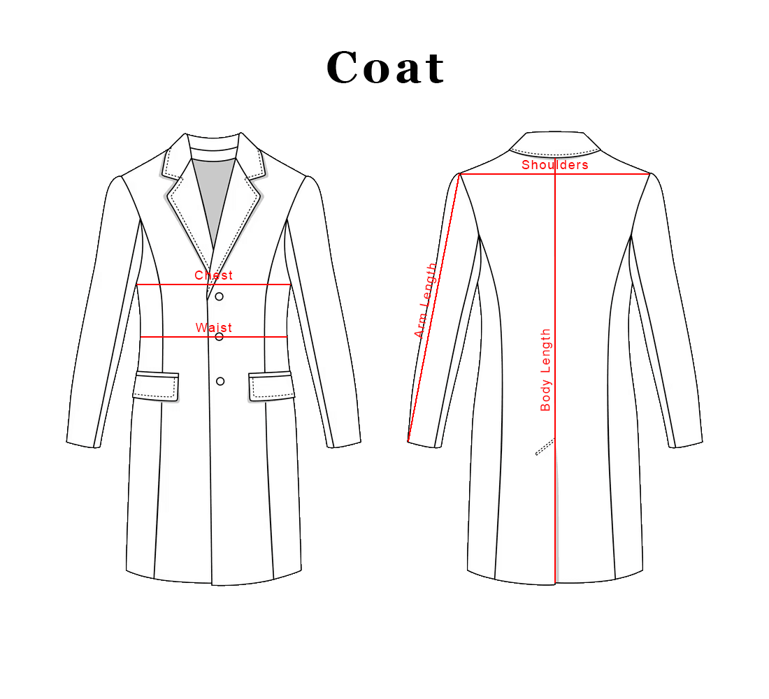 Coat measuring schematic showing chest, waist, shoulders, arm length, and body length