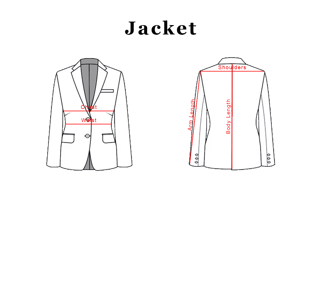 Jacket measuring schematic showing chest, waist, shoulders, arm length, and body length