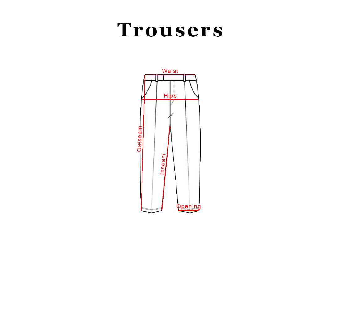 Trouser measuring schematic showing waist, hips, inseam, outseam, and opening