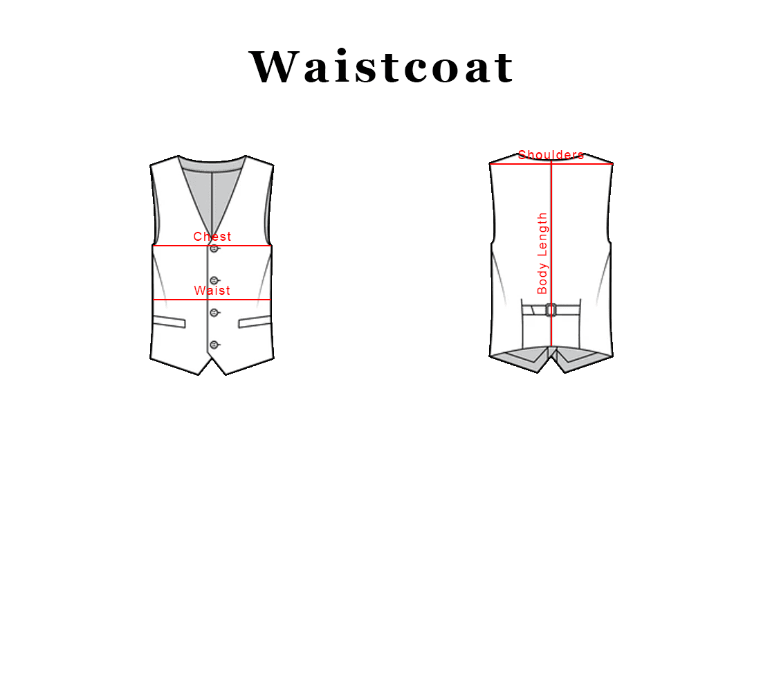 Waistcoat measuring schematic showing chest, waist, shoulders, and body length